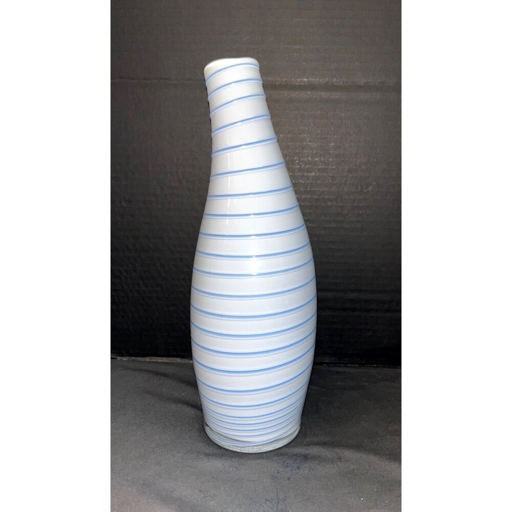 Vintage Blue Spiral Ribbon Overlay Art Glass Vase 13”